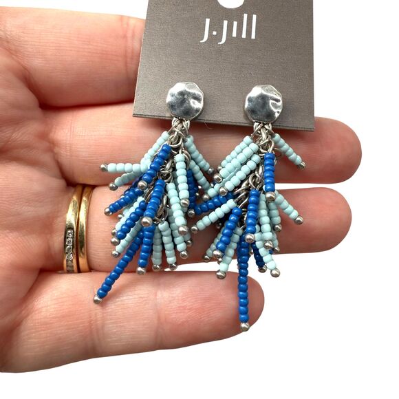 J. Jill Beaded Earrings Blue Layered Fringe Hammered Post Drop Dangle Party NWT - Picture 4 of 6